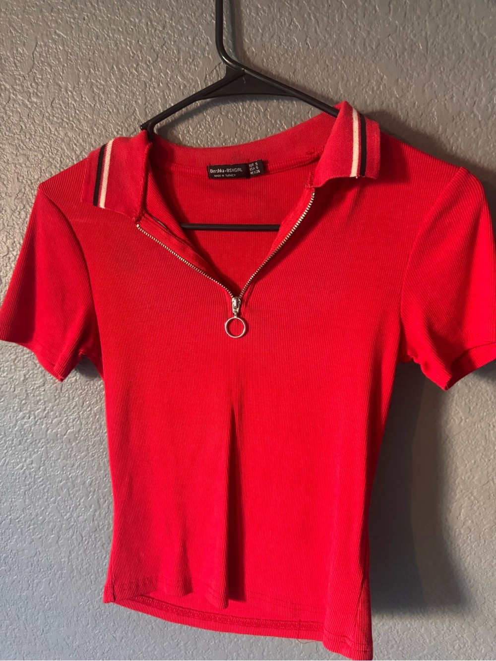 Red Zip Polo Top - Bershka Small